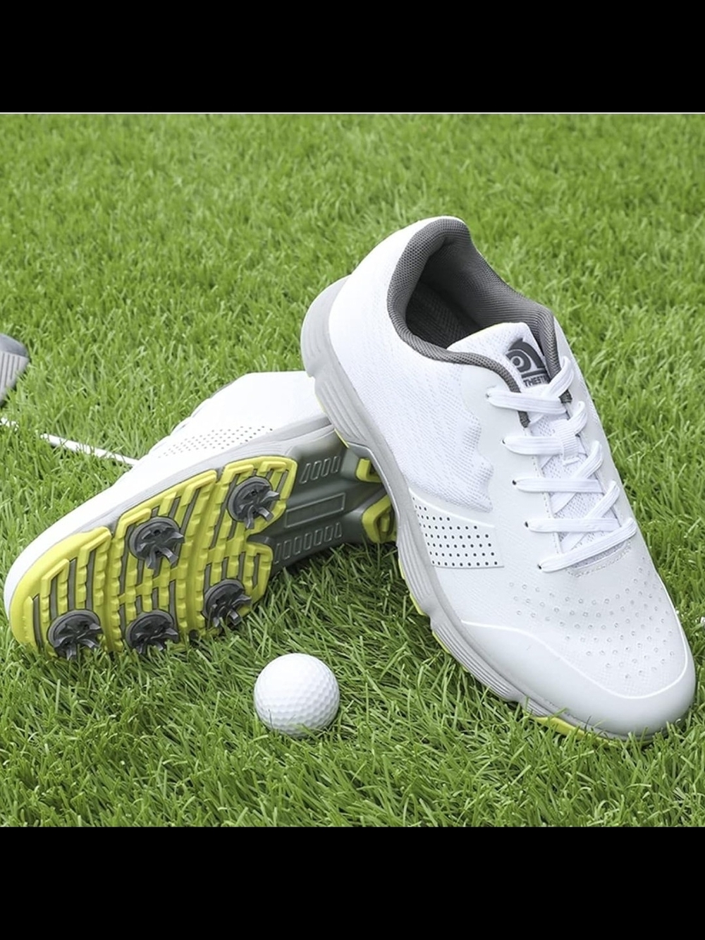 Men's White Golf Spikeless Sneakers with Lime Outsole Size 8